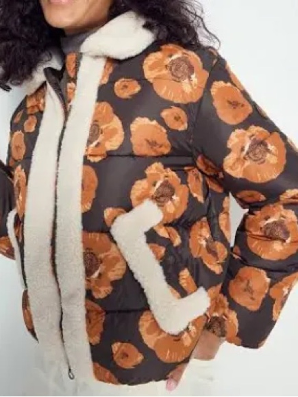 NWT SAVE THE DUCK Orange Floral Sherpa-Trim Puffer Jacket